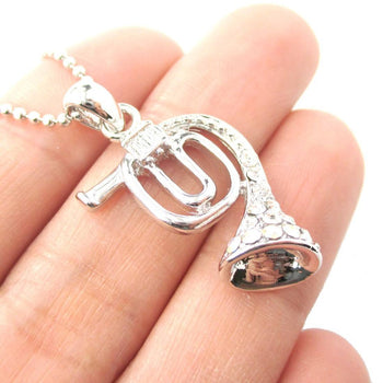 3D Miniature Musical Instrument French Horn Shaped Pendant Necklace in Silver | DOTOLY