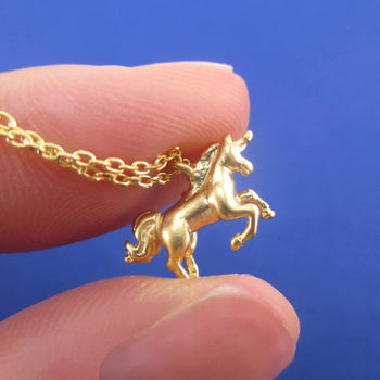 3D Miniature Rearing Unicorn Shaped Pendant Necklace in Silver or Gold