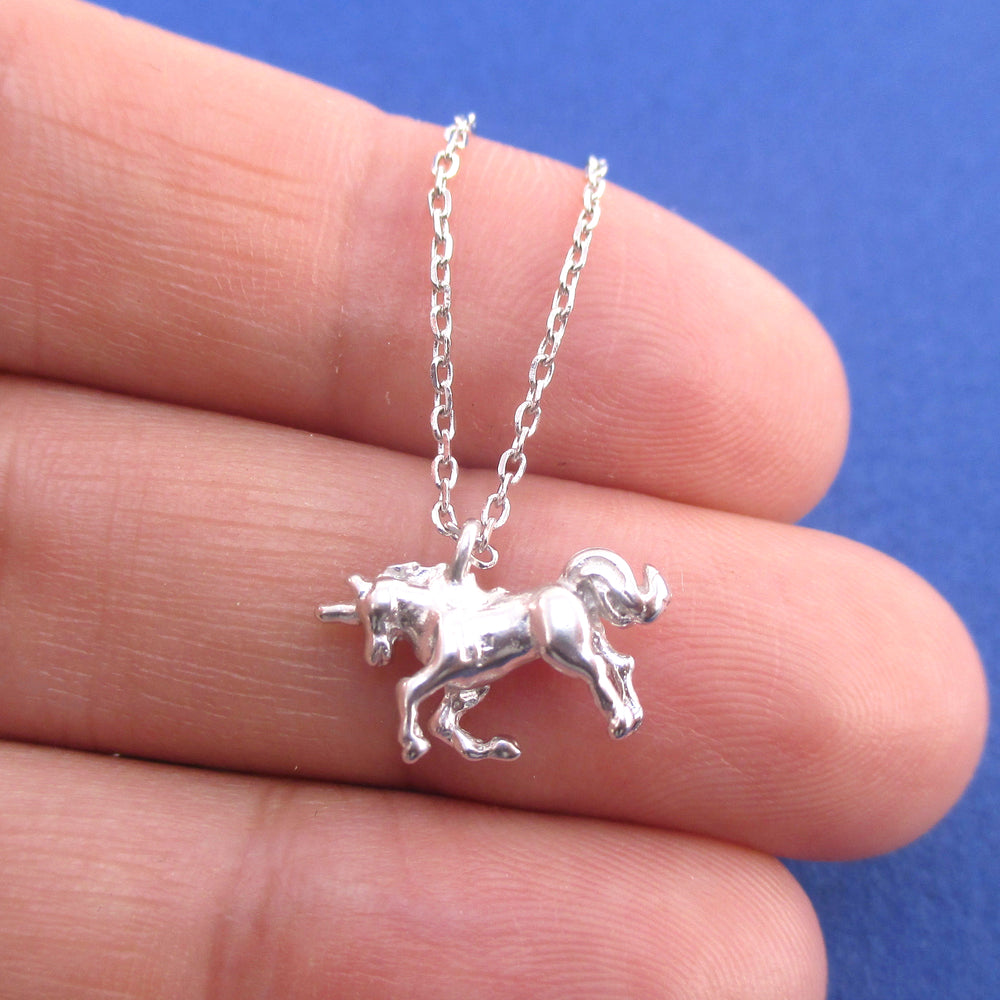 3D Miniature Rearing Unicorn Shaped Pendant Necklace in Silver or Gold