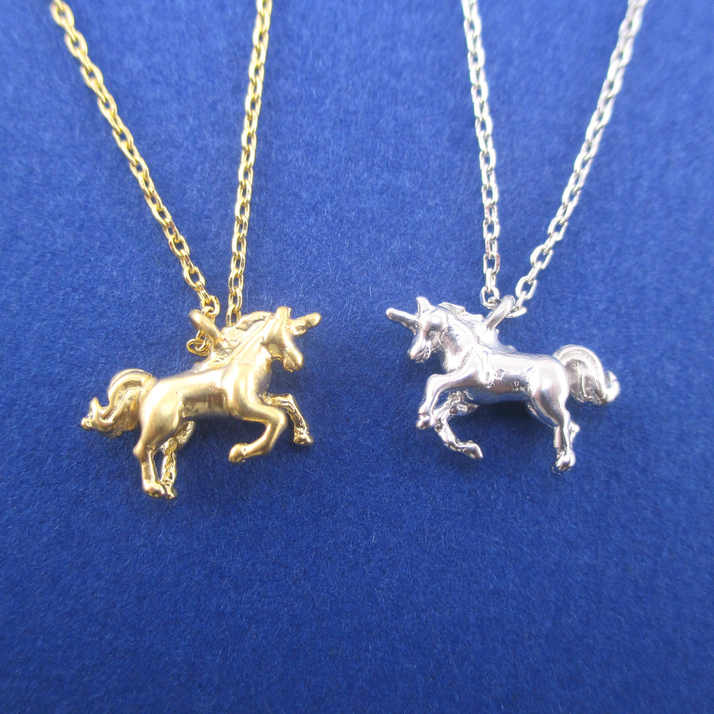 3D Miniature Rearing Unicorn Shaped Pendant Necklace in Silver or Gold