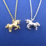 3D Miniature Rearing Unicorn Shaped Pendant Necklace in Silver or Gold