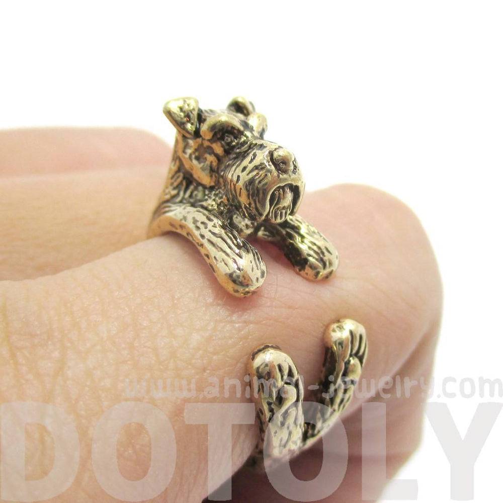 3D Miniature Schnauzer Dog Shaped Animal Wrap Ring in Shiny Gold | US Sizes 5 to 9 | DOTOLY