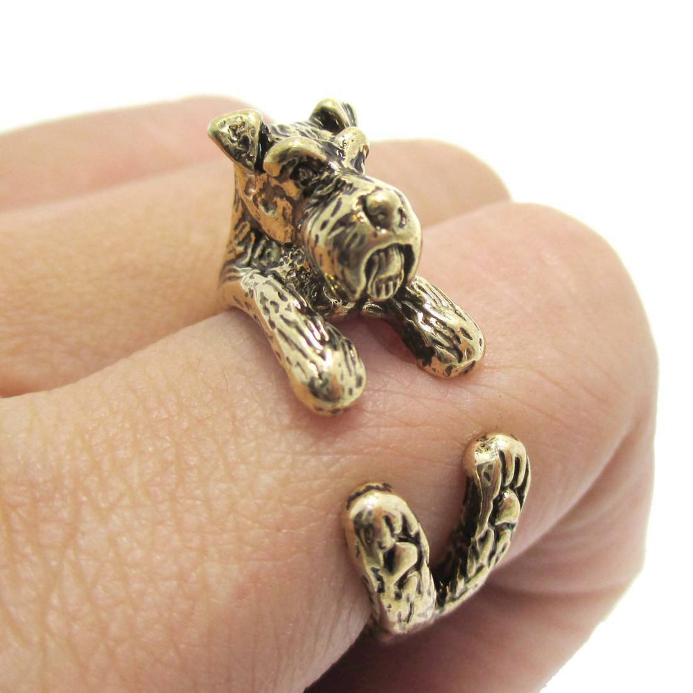 3D Miniature Schnauzer Dog Shaped Animal Wrap Ring in Shiny Gold | US Sizes 5 to 9 | DOTOLY