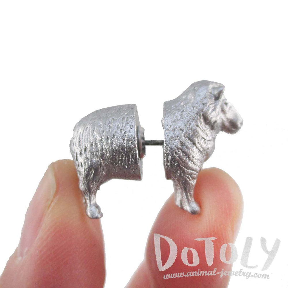 3D Miniature Sheep Shaped Two Part Front Back Stud Earrings in Silver