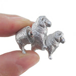 3D Miniature Sheep Shaped Two Part Front Back Stud Earrings in Silver