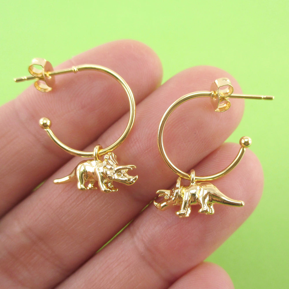 3D Miniature Triceratops Dinosaur Shaped Stud Hoop Earrings | DOTOLY