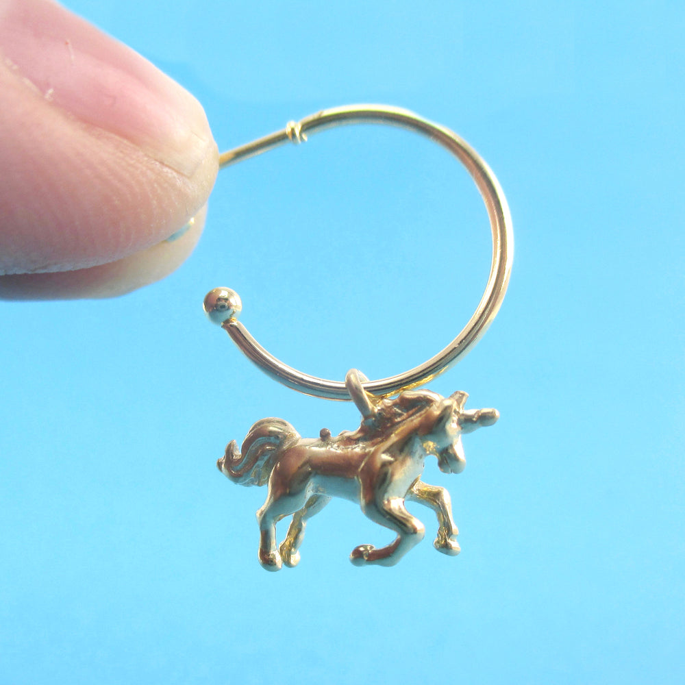 3D Miniature Unicorn Shaped Stud Hoop Earrings Silver or Gold | DOTOLY