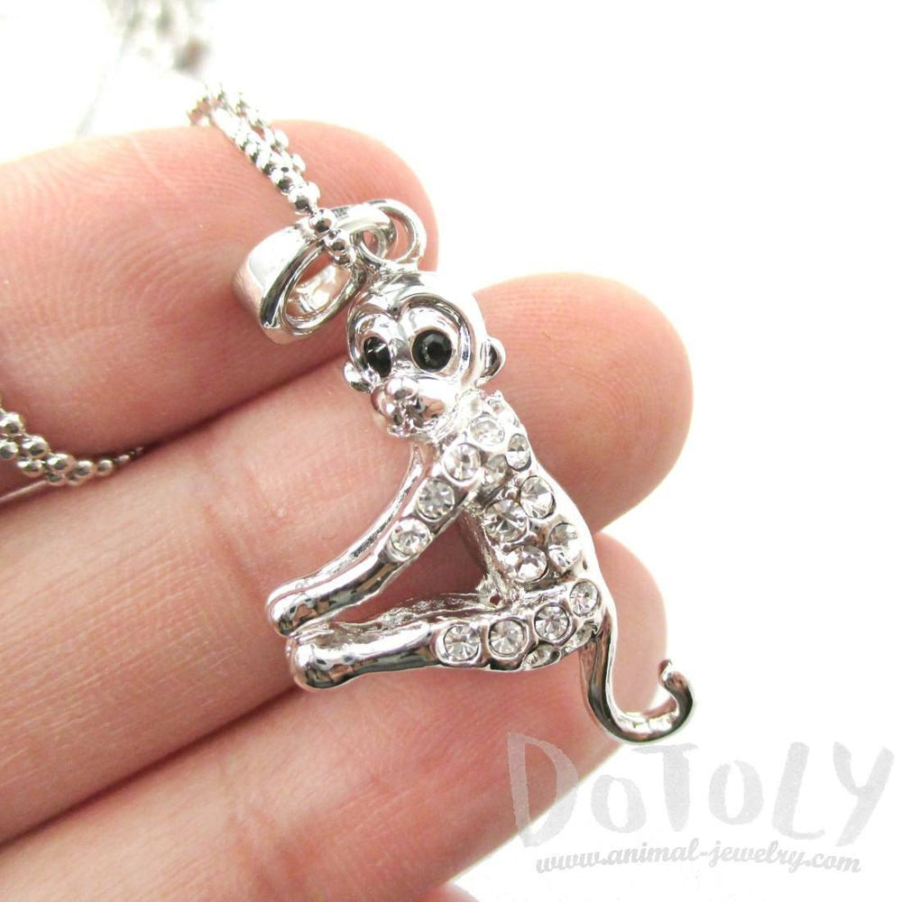3D Monkey Chimpanzee Shaped Rhinestone Pendant Necklace in Silver | DOTOLY | DOTOLY