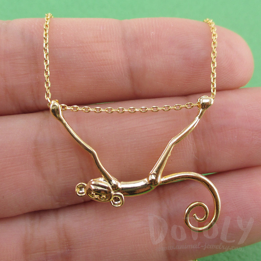 3D Monkey Chimpanzee with a Curly Tail Dangling Gold Pendant Necklace