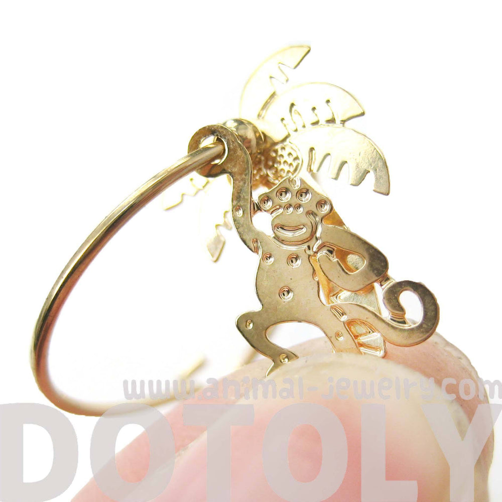 3D Monkey Swinging From A Palm Tree Dangle Hoop Earrings in Gold | Animal Jewelry | DOTOLY