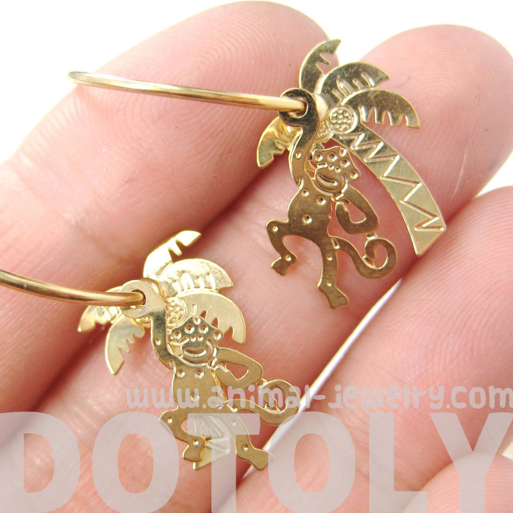 3D Monkey Swinging From A Palm Tree Dangle Hoop Earrings in Gold | Animal Jewelry | DOTOLY