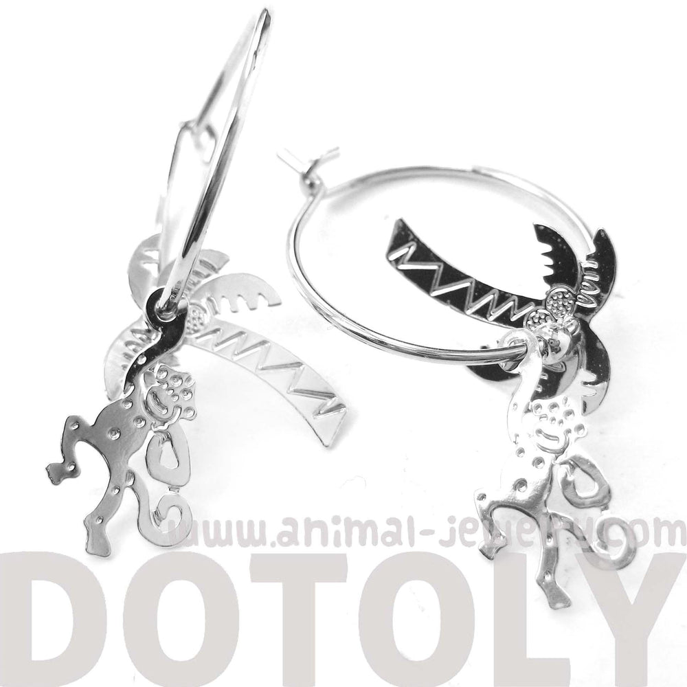 3D Monkey Swinging From A Palm Tree Dangle Hoop Earrings in Silver | Animal Jewelry | DOTOLY