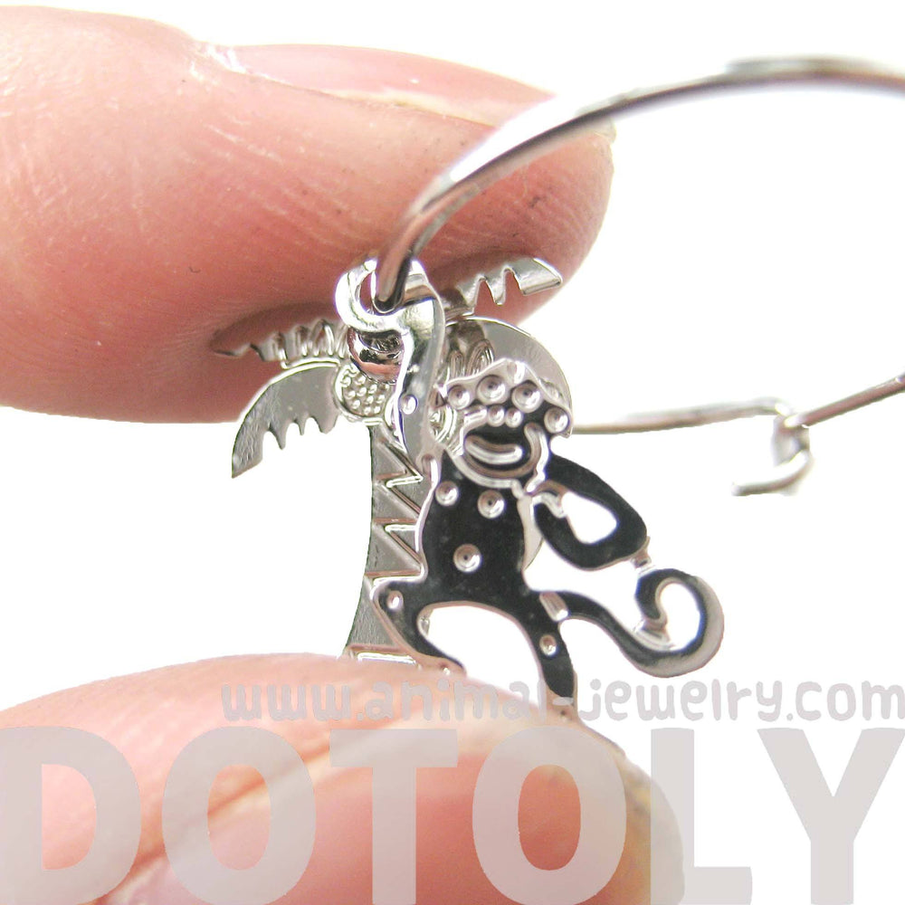 3D Monkey Swinging From A Palm Tree Dangle Hoop Earrings in Silver | Animal Jewelry | DOTOLY