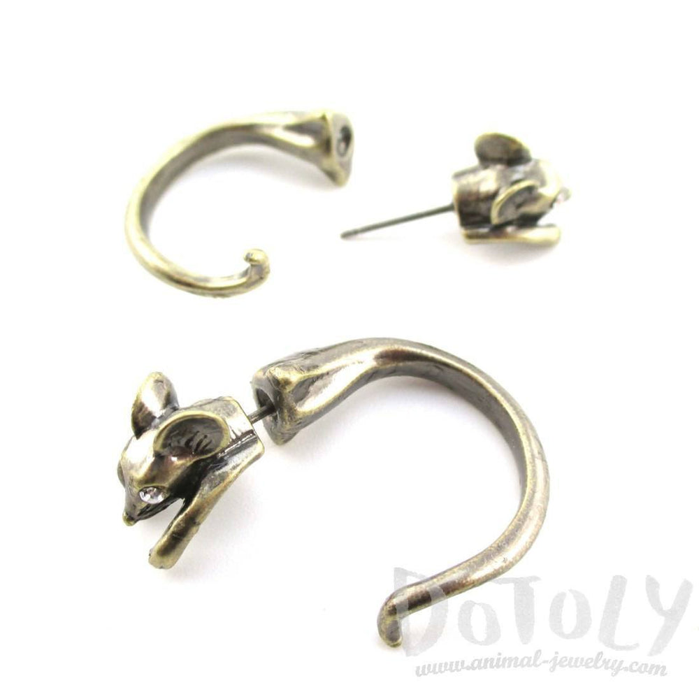 3D Mouse Shaped Front and Back Two Part Stud Earrings in Brass | DOTOLY