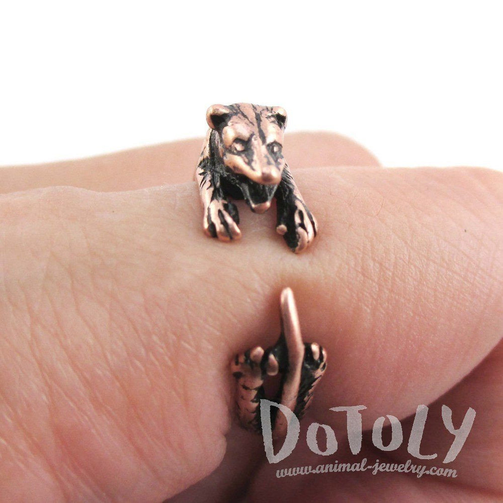 3D Opossum Possum Hugging Your Finger Shaped Animal Ring in Copper