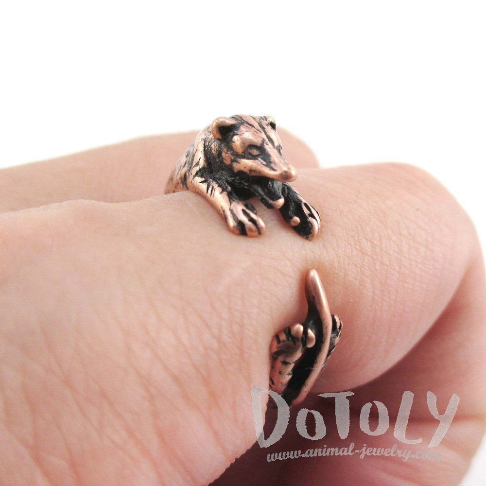 3D Opossum Possum Hugging Your Finger Shaped Animal Ring in Copper