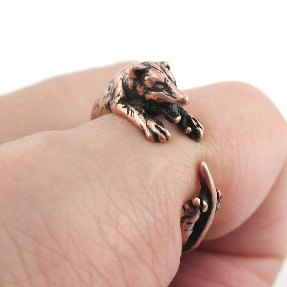 3D Opossum Possum Hugging Your Finger Shaped Animal Ring in Copper