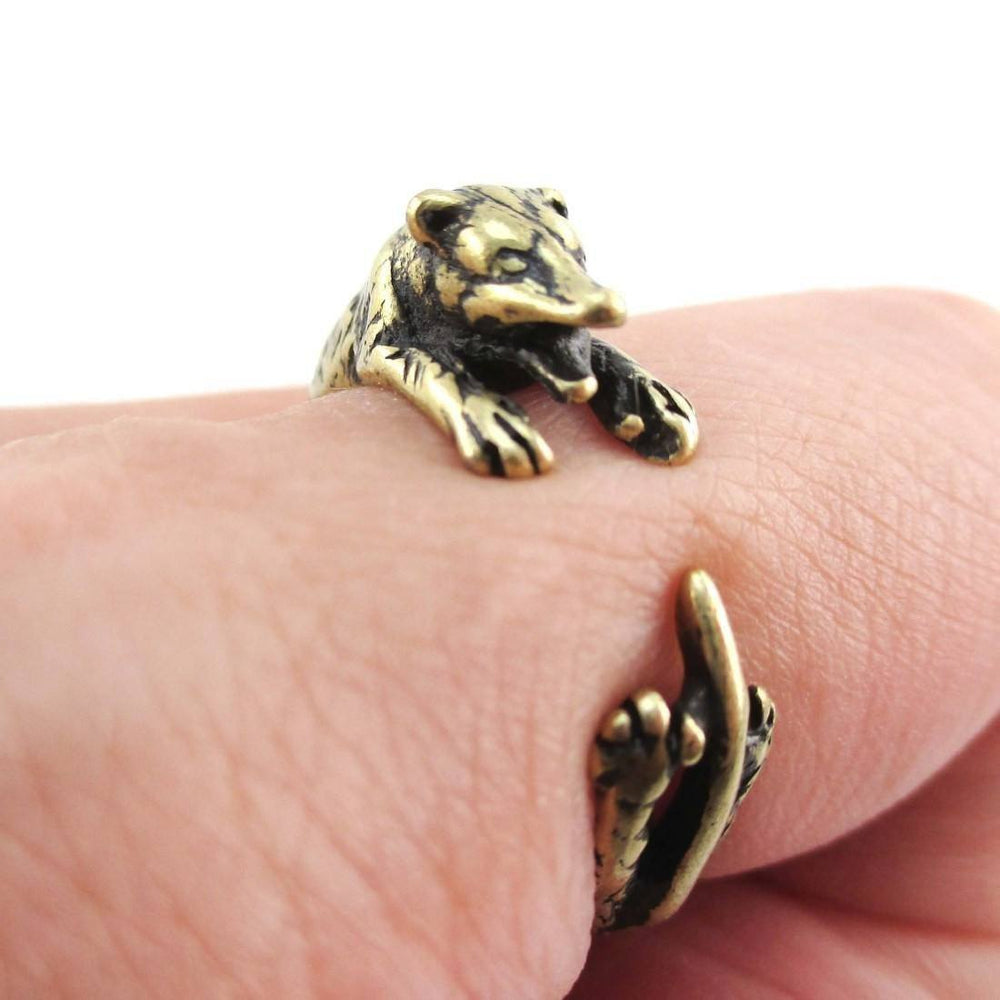 3D Opossum Possum Wrapped Around Your Finger Shaped Ring in Brass