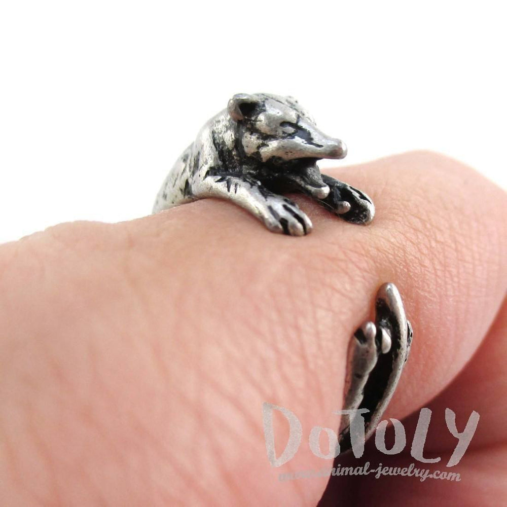 3D Opossum Possum Wrapped Around Your Finger Shaped Ring in Silver