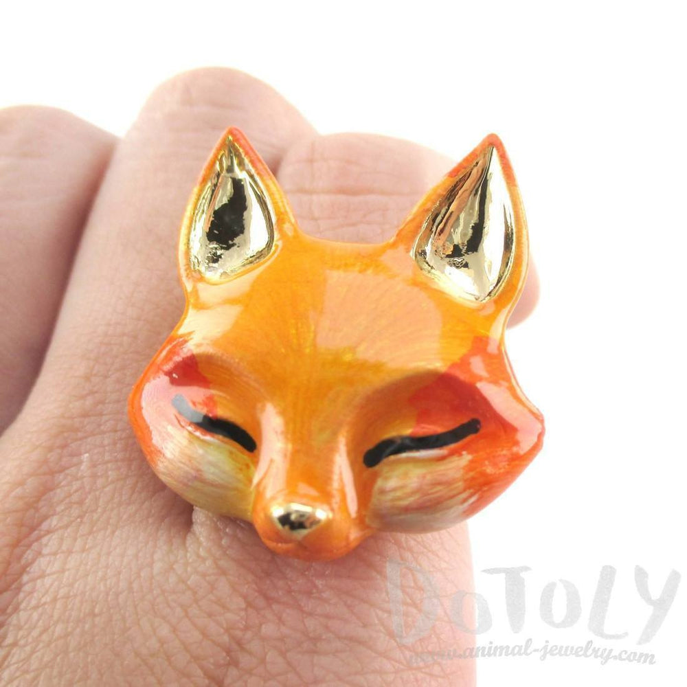 3D Orange Fox Shaped Adjustable Enamel Ring | Handmade Animal Jewelry | DOTOLY
