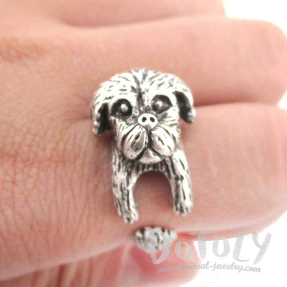 3D Pekingese Dog Shaped Animal Wrap Ring in Silver | Animal Jewelry