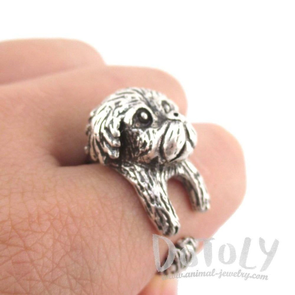 3D Pekingese Dog Shaped Animal Wrap Ring in Silver | Animal Jewelry