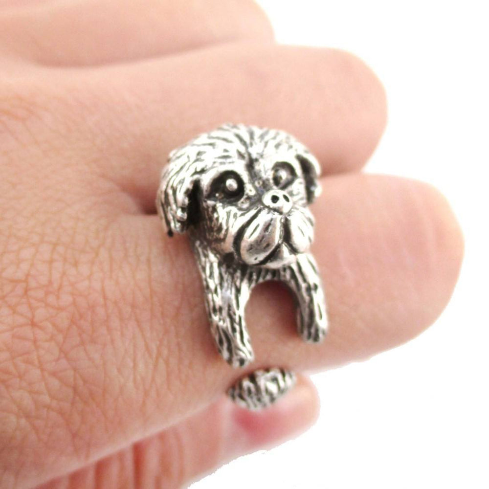 3D Pekingese Dog Shaped Animal Wrap Ring in Silver | Animal Jewelry