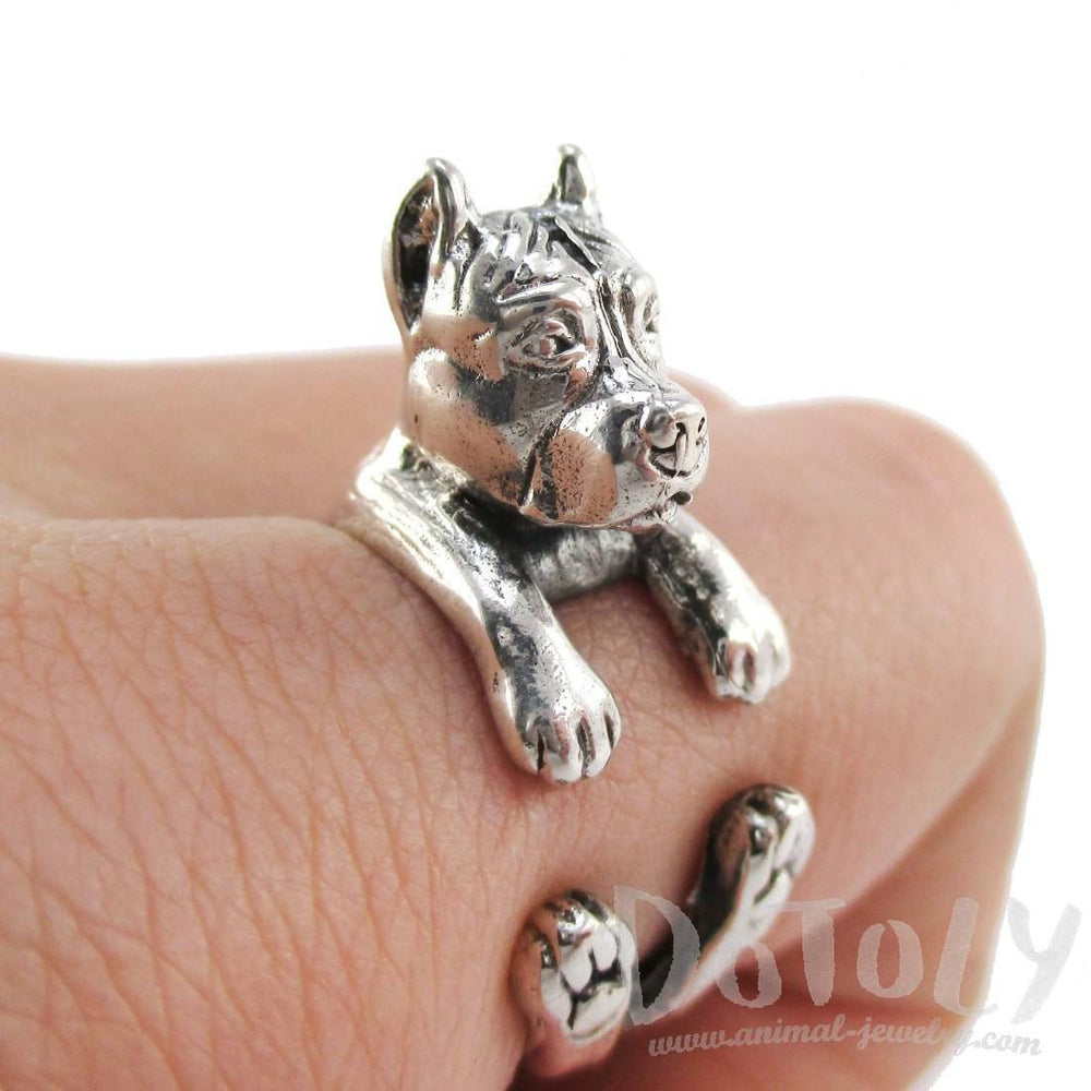 3D Pit Bull Dog Shaped Animal Wrap Ring in 925 Sterling Silver | Sizes 5 to 8.5 | DOTOLY