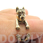 3D Pit Bull With Cropped Ears Shaped Animal Wrap Ring in Shiny Gold | Sizes 5 to 9 | DOTOLY