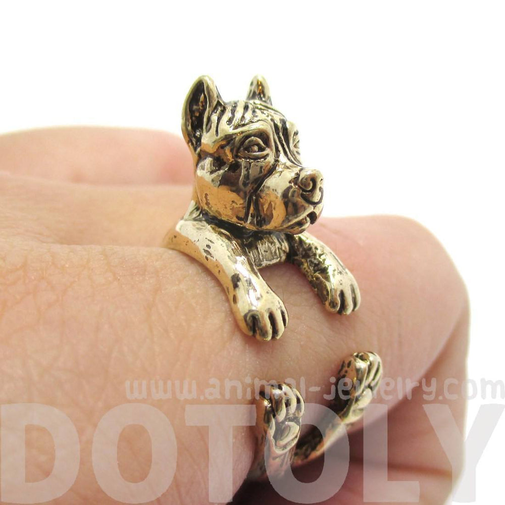 3D Pit Bull With Cropped Ears Shaped Animal Wrap Ring in Shiny Gold | Sizes 5 to 9 | DOTOLY