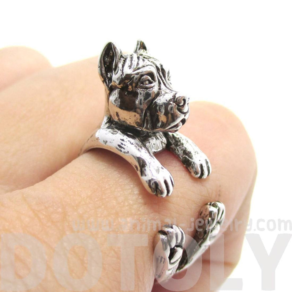 3D Pit Bull With Cropped Ears Shaped Animal Wrap Ring in Shiny Silver | Sizes 5 to 9 | DOTOLY