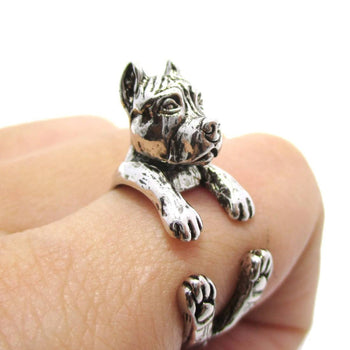 3D Pit Bull With Cropped Ears Shaped Animal Wrap Ring in Shiny Silver | Sizes 5 to 9 | DOTOLY