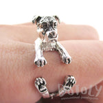 3D Pit Bull With Natural Ears Shaped Animal Wrap Ring in Shiny Silver | Sizes 5 to 8 | DOTOLY