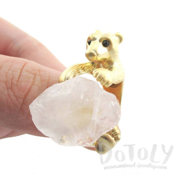 3D Polar Bear and Quartz Iceberg Shaped Animal Wrap Ring in Gold | Handmade | DOTOLY