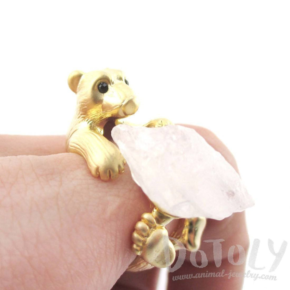 3D Polar Bear and Quartz Iceberg Shaped Animal Wrap Ring in Gold | Handmade | DOTOLY