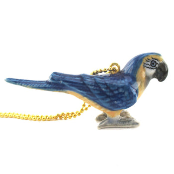 3D Porcelain Blue Macaw Figurine Shaped Ceramic Pendant Necklace