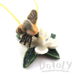 3D Porcelain Bumble Bee on a White Flower Shaped Pendant Necklace