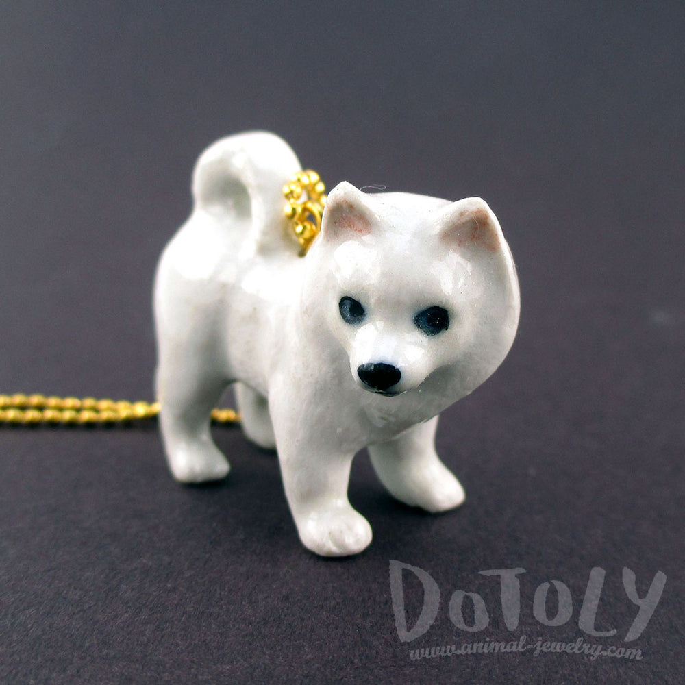3D Porcelain Eskimo Dog Samoyed Shaped Pet Themed Necklace