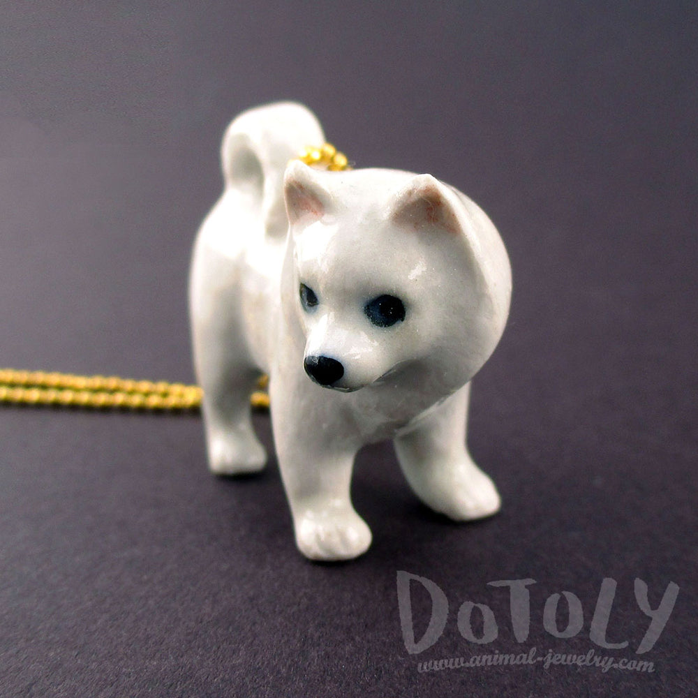 3D Porcelain Eskimo Dog Samoyed Shaped Pet Themed Necklace