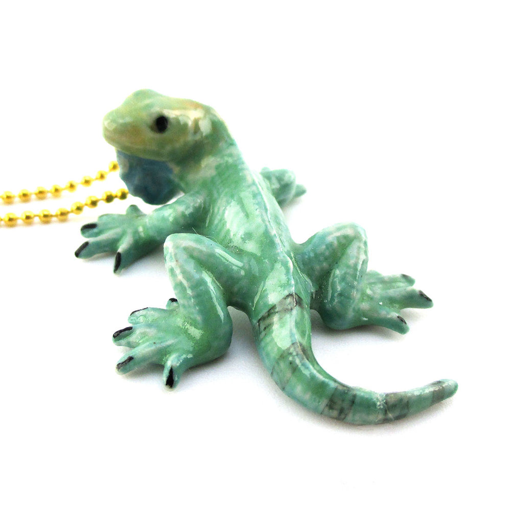 DOTOLY Handmade Porcelain Green Iguana Lizard Necklace Ceramic
