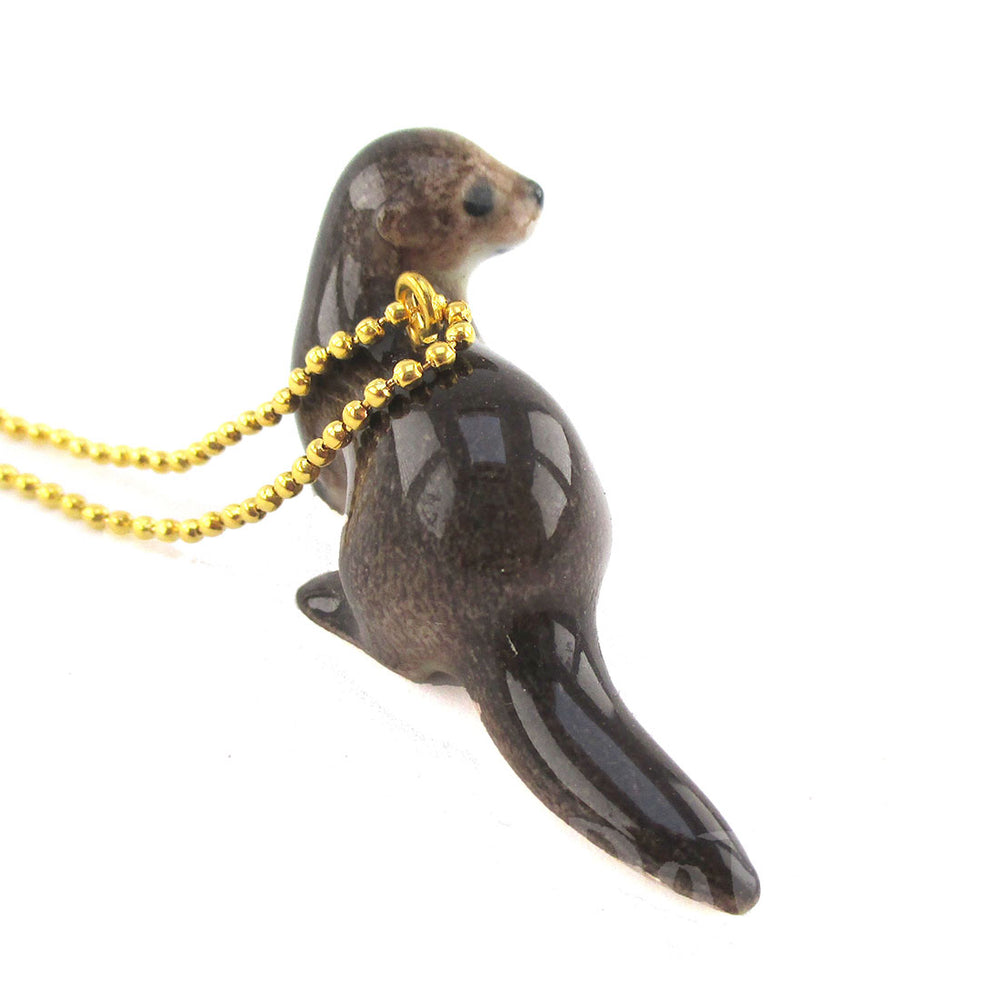 3D Porcelain Brown Baby Otter Cub Shaped Ceramic Pendant Necklace