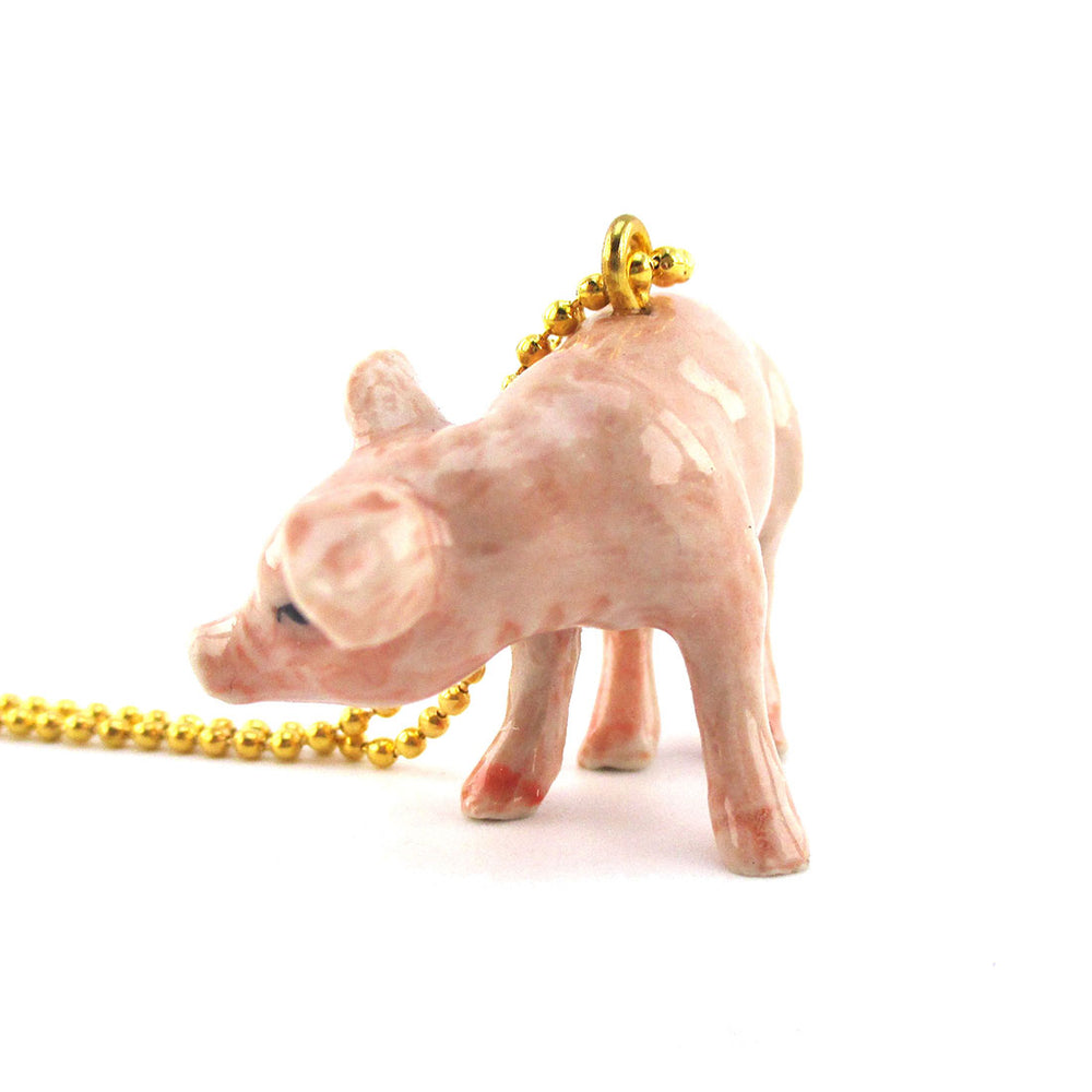 Porcelain Pink Piglet Pig Farm Animal Shaped Ceramic Pendant Necklace