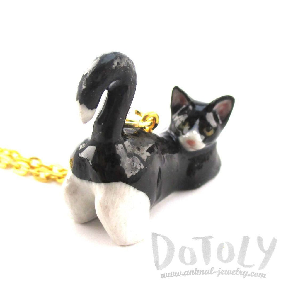 3D Porcelain Tuxedo Kitty Cat Animal Inspired Ceramic Pendant Necklace