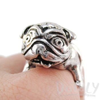 3D Pug Puppy Dog Shaped Adjustable Animal Ring in Silver | DOTOLY