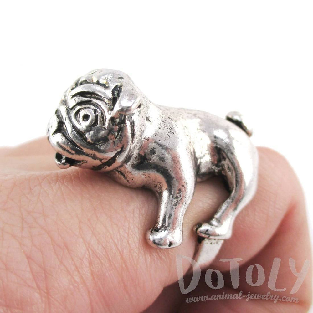 3D Pug Puppy Dog Shaped Adjustable Animal Ring in Silver | DOTOLY