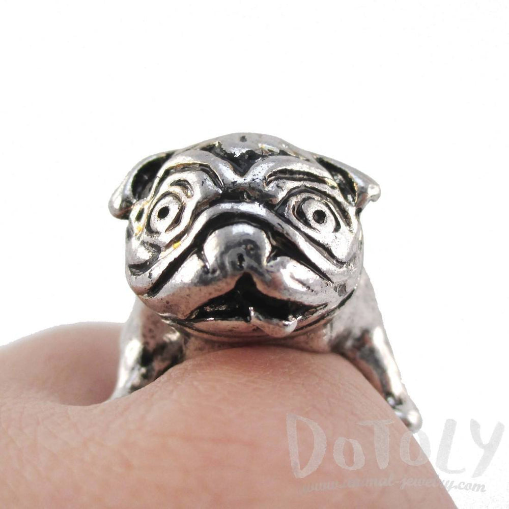 3D Pug Puppy Dog Shaped Adjustable Animal Ring in Silver | DOTOLY