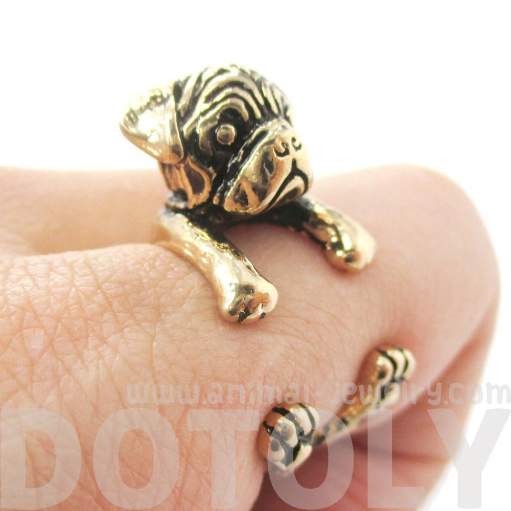 3D Pug Puppy Dog Shaped Animal Wrap Around Ring in Shiny Gold | Sizes 4 to 8.5 | DOTOLY