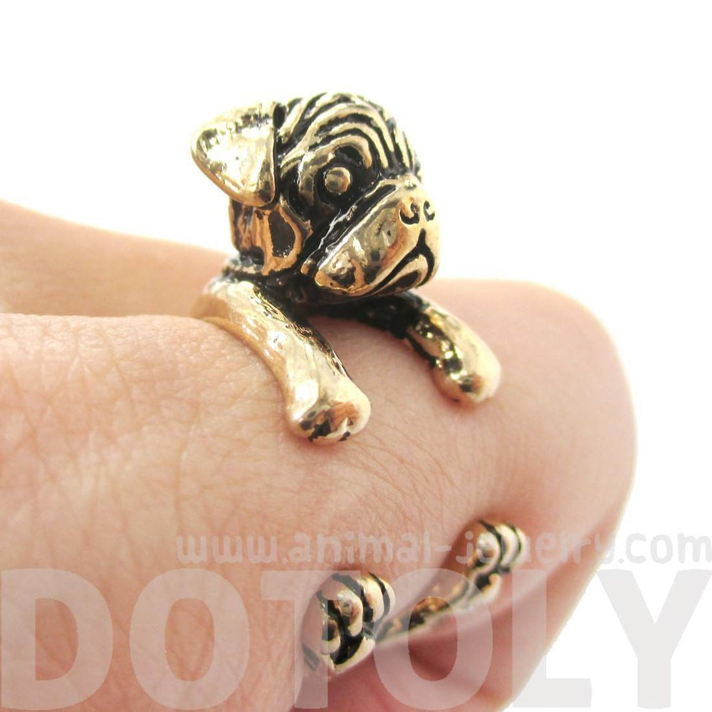 3D Pug Puppy Dog Shaped Animal Wrap Around Ring in Shiny Gold | Sizes 4 to 8.5 | DOTOLY