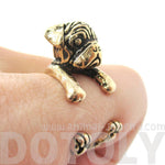 3D Pug Puppy Dog Shaped Animal Wrap Around Ring in Shiny Gold | Sizes 4 to 8.5 | DOTOLY