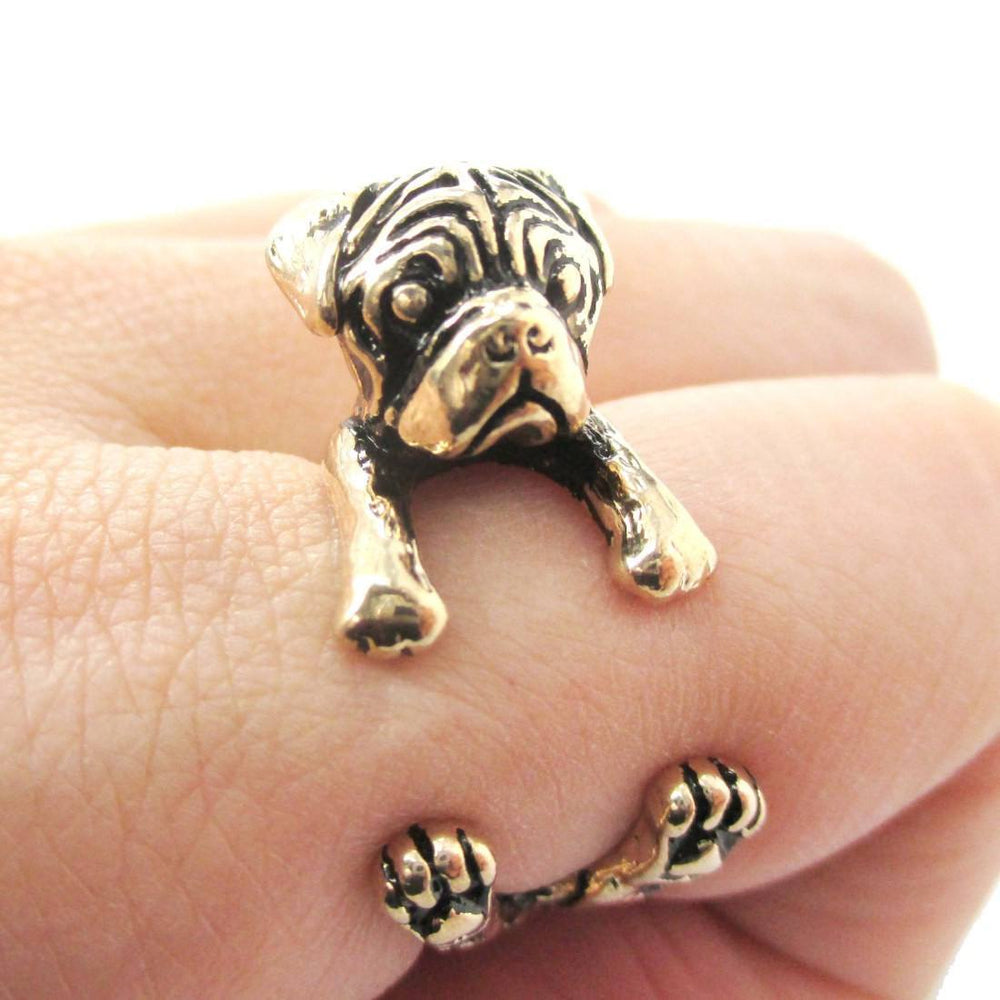 3D Pug Puppy Dog Shaped Animal Wrap Around Ring in Shiny Gold | Sizes 4 to 8.5 | DOTOLY